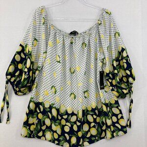 New NAIF size 2X Multi Color Lemon Print Novelty Feminine Blouse Vacation